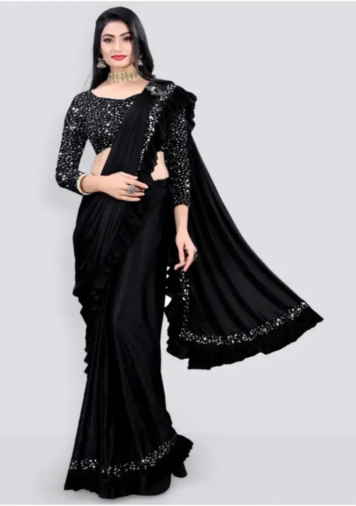 DREAM BASE EMBELLISHED BOLLWOOD LYCRA BLEND SAREE(BLACK)